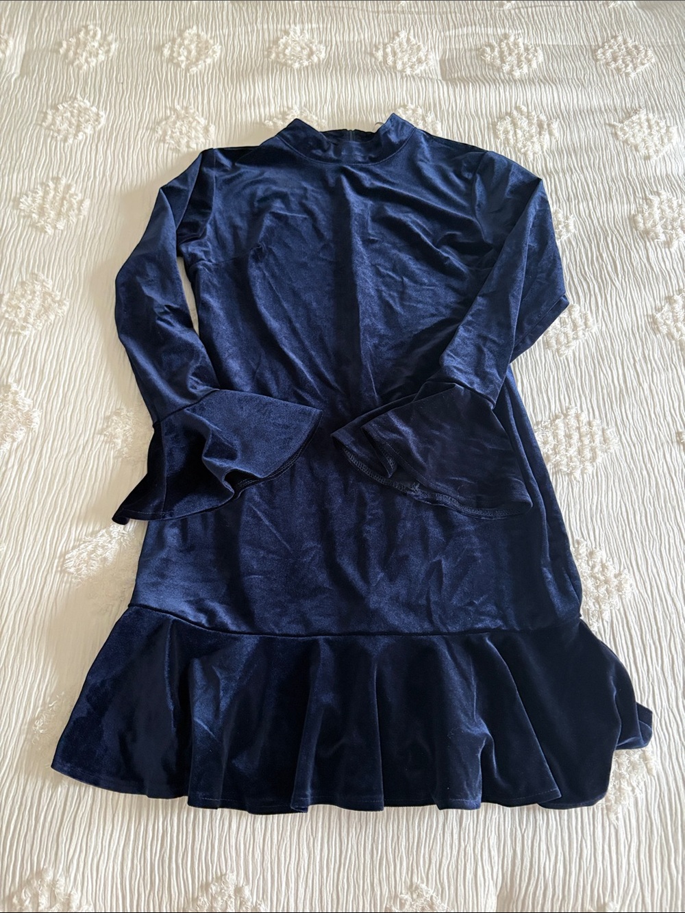 Long-Sleeve Navy Velvet Midi Dress with Ruffle Hem